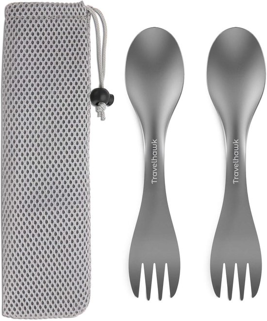 Travelhawk Spork - Campingbestek van titanium - Vork en lepel in één - Bestek voor onderweg en op reis - Lichtgewicht - 2 Stuks - Inclusief Draagzak