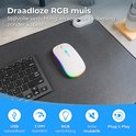 Witte muis met RGB verlichting op een grijs toetsenbord. Icons tonen: USB oplaadbaar, 3 DPI standen, RGB verlichting, stille muisklik, Plug & Play.