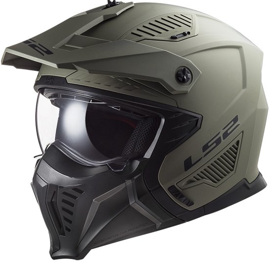 Casque de moto LS2 Drifter couleur sable mat, vue de côté, avec visière, protège-menton et aérations.
