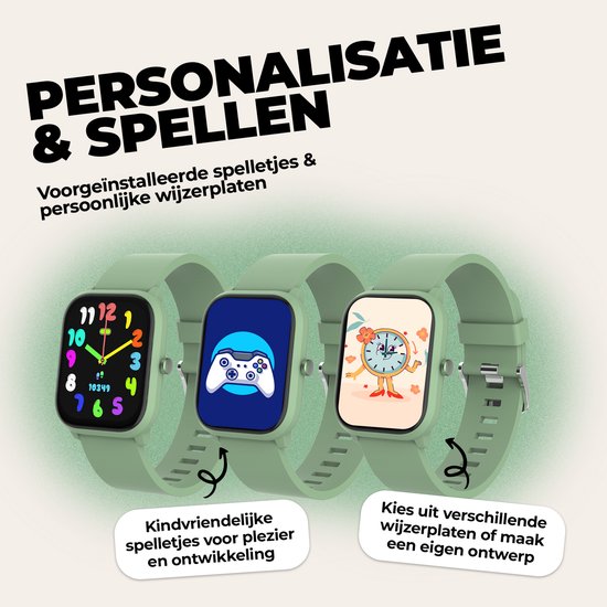 Drie lichtgroene smartwatches. Eerste met kleurrijke cijfers, tweede met gamecontroller, derde met bloemenwijzerplaat.