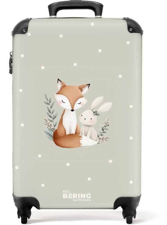 Lichtgrijze koffer met witte stippen, met afbeelding van een vos en konijn.