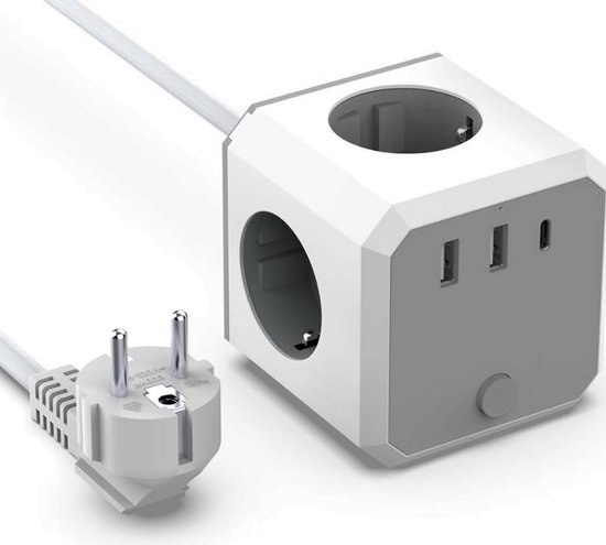 VEFVE Stekkerkubus met kabel, 7-in-1 kubus, meervoudig stopcontact met USB C 20 W, 3 stopcontacten, 1 USB-C en 3 USB-A, 3680 W stekkerdoos met schakelaar, 3 m verlengkabel