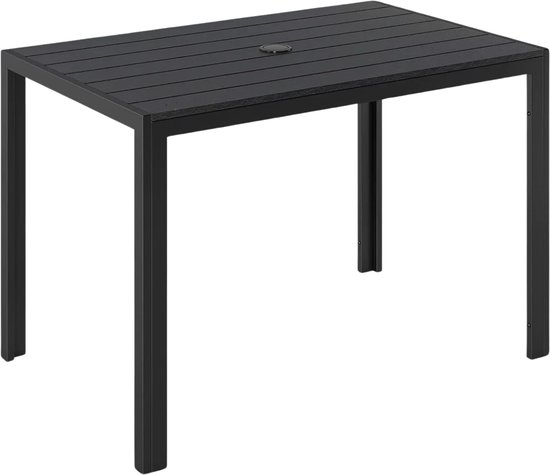 Zwarte rechthoekige tuintafel met geprofileerd tafelblad en parasolgat, op witte achtergrond.