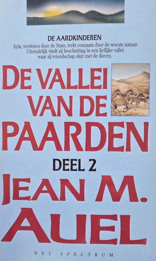 Boekomslag 'De Vallei van de Paarden', Deel 2. Rode tekst met paarden en landschap.