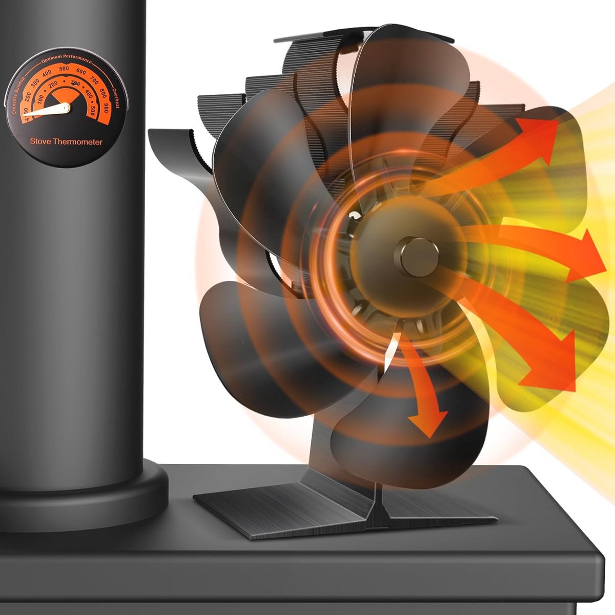 Stille Kachelventilator met 6 Bladen en Thermometer voor Hout- en Pelletkachels - Snoerloze Ventilator voor Efficiënte Warmteverspreiding
