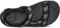 Zwarte Teva sandalen met grijs camouflagepatroon bandjes, bekeken vanaf de onderkant.