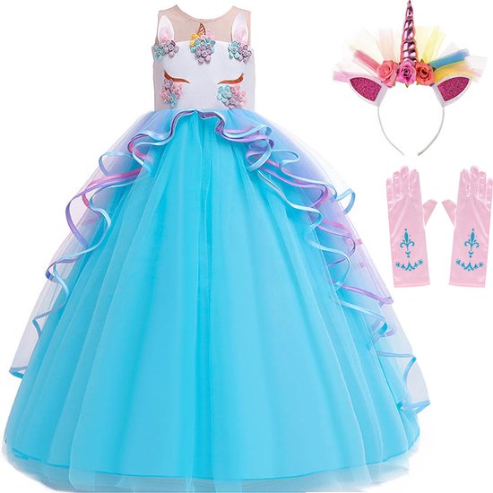 Carnavalskleding meisje - Eenhoorn jurk - Unicorn jurk - Prinsessenjurk meisje - maat 134/140 (140) - Unicorn speelgoed - Eenhoorn haarband - Verkleedkleren meisje -