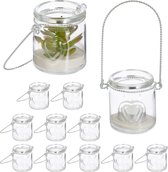 Ambiance Lumineuse Soirée Lot De 12 Photophores En Verre Relaxdays - Avec Anses Suspendre - H 10 Cm - Transparent Argenté - Intérieur Et Extérieur Photophores Anse Suspendre