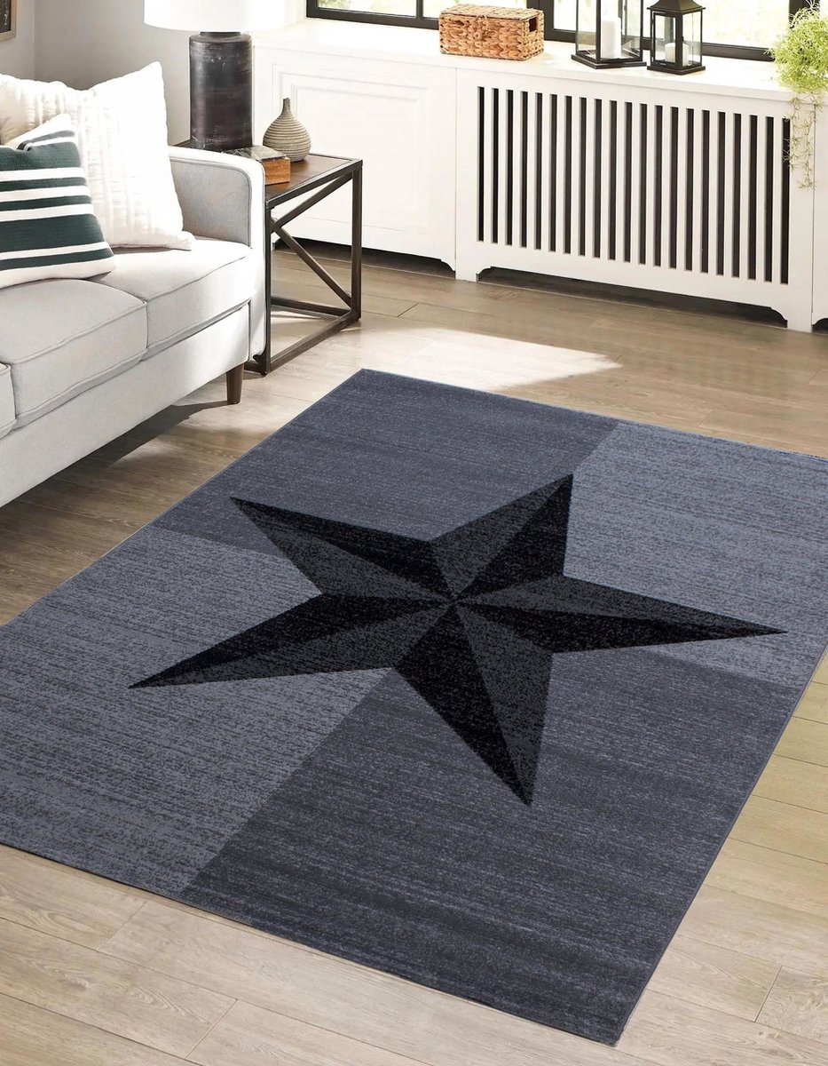 Flycarpets Marlon Vloerkleed Ster - Laagpolig - Grijs / Zwart - 120x170 cm