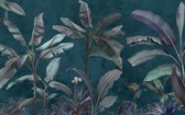 Fotobehang Tropical Trees Wallpaper Design, Banana Trees And Plants, Dark Background, Pattern Design, Mural Art. - Vliesbehang - 416 x 290 cm
