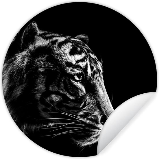 WallCircle - Muurstickers - Behangcirkel - Kop van een tijger op een zwarte achtergrond - zwart wit - ⌀ 30 cm - Muurcirkel - Zelfklevend - Ronde Behangsticker