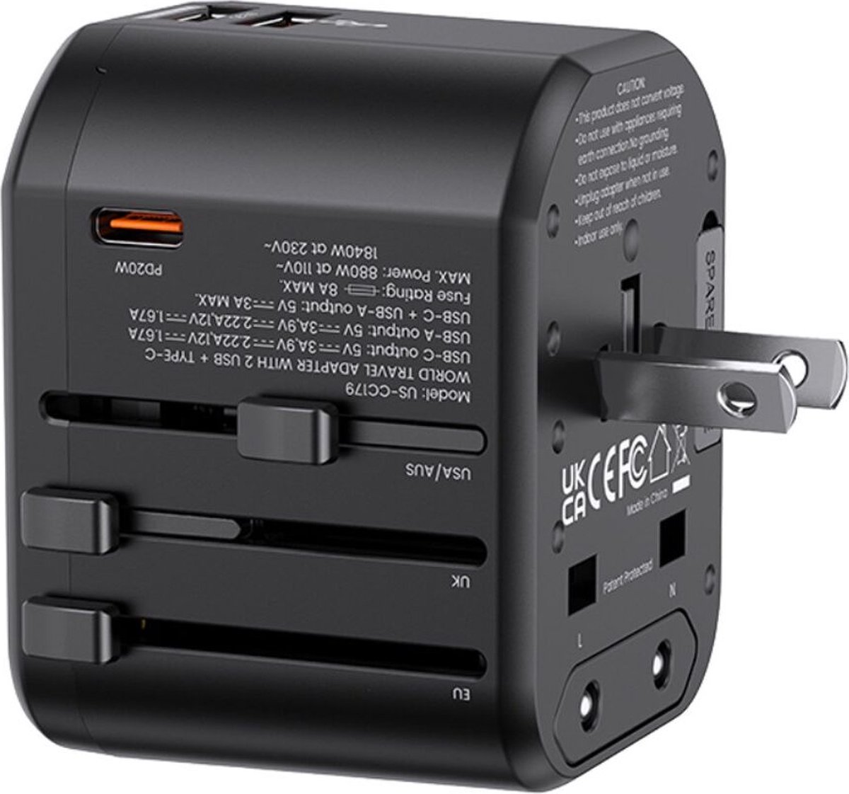 USAMS Universele Wereldstekker 20W | USB-C Power Delivery en 2x USB-A Quick Charge | Internationale Reisstekker | Universeel | voor o.a. Europa, Engeland/UK, Amerika/USA en Australië