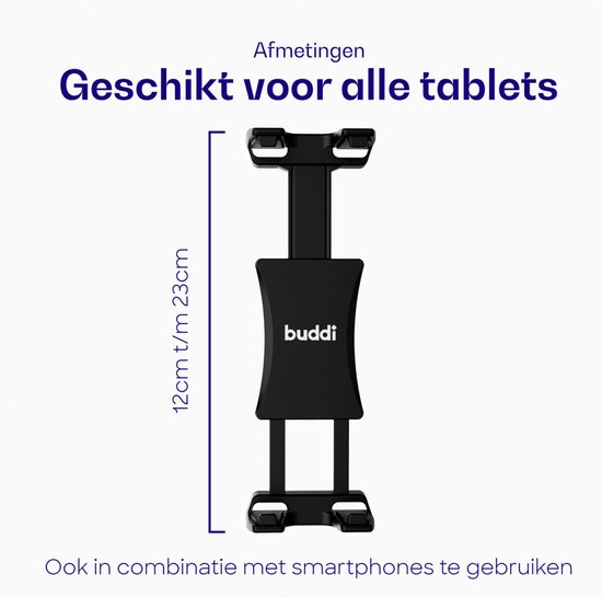 Zwarte Buddi tablethouder, verstelbaar van 12cm tot 23cm, ook voor smartphones.