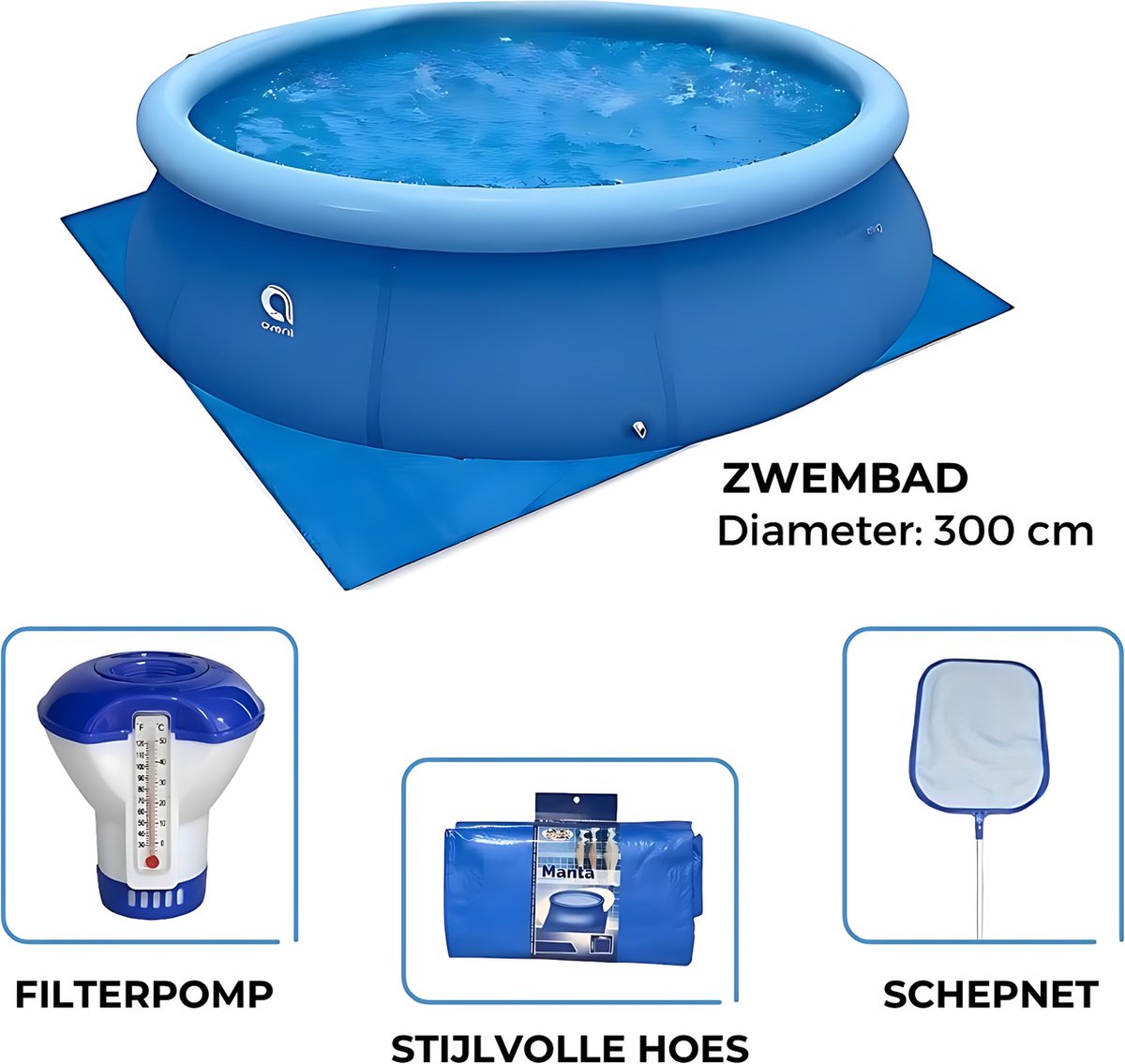 Avenli - Zwembad 300cm met Filterpomp - Afdekzeil - Chloordrijver - Schepnet en Gronddoek - Complete Set
