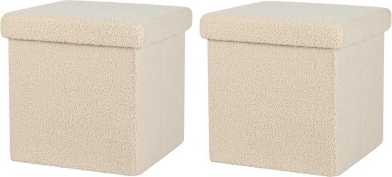 Urban Living Pouf Teddy BOX - 2x - tabouret - boîte de rangement - beige - polyester/MDF - 38 x 38 cm - pliable