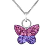 Zilveren ketting dames | Zilveren ketting met hanger, vlinder met roze en blauw/paarse kristallen