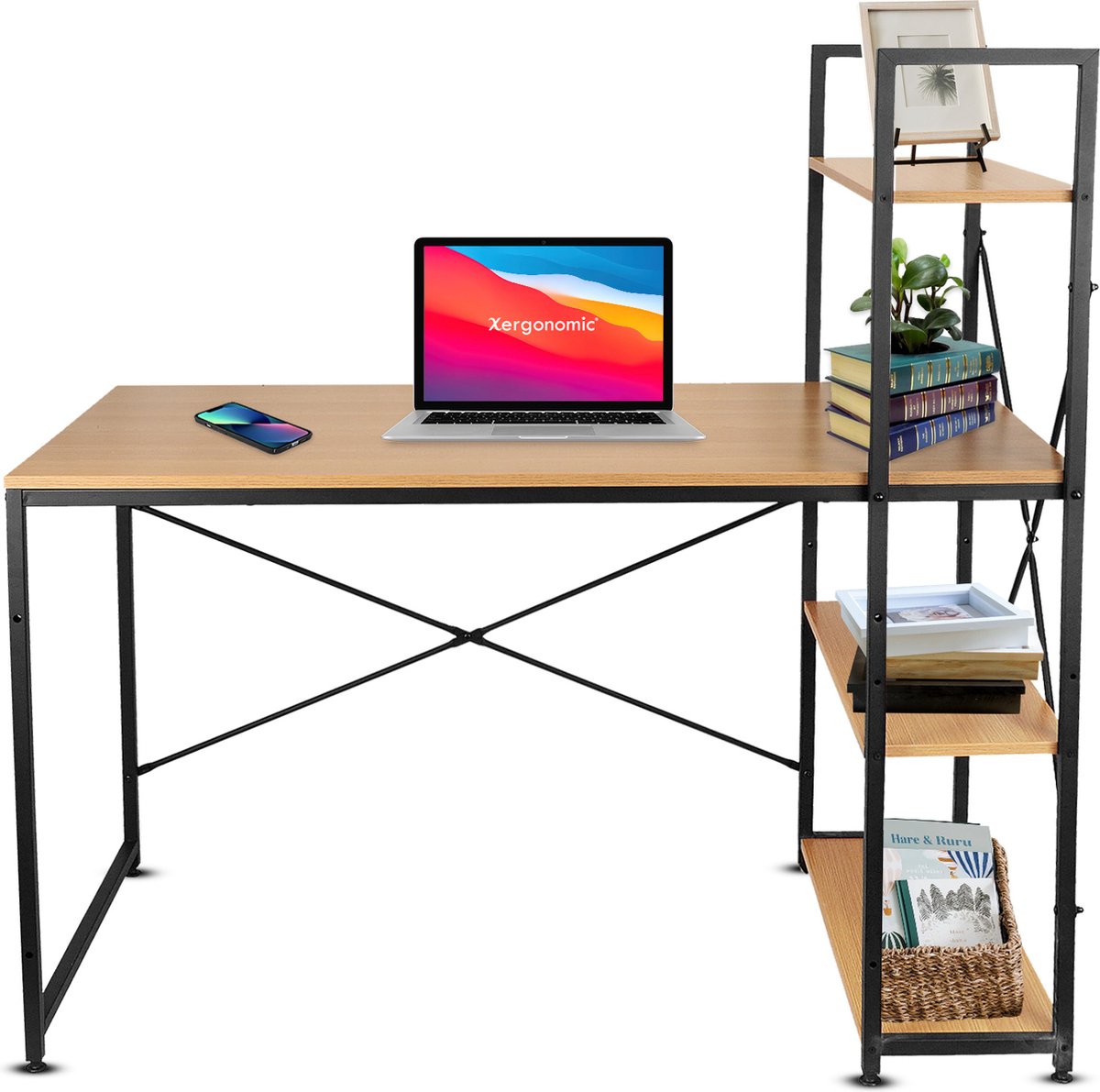 Xergonomic® bureau met planken - Laptoptafel - Bureautafel - Industrieel Bureau 120x64x72 cm – Kast 140x64 cm