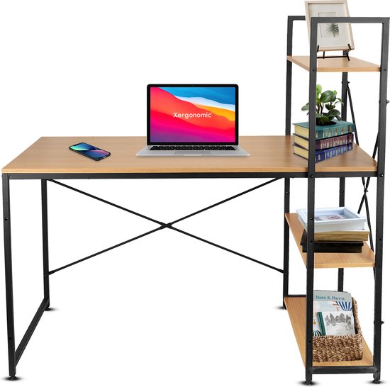 Xergonomic® Bureau industriel avec étagères - Table pour ordinateur portable - Table de bureau - Bureau 120x64x72 cm - Armoire 140x64 cm