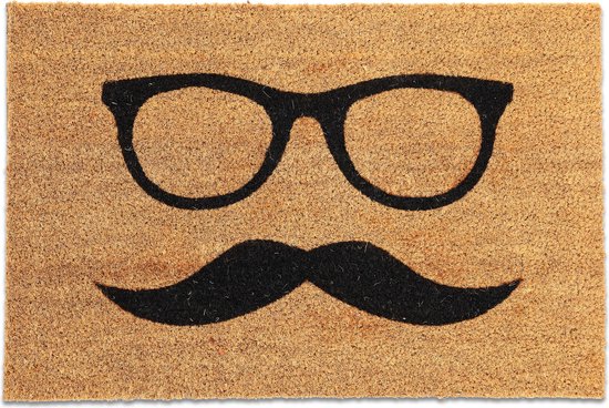Relaxdays Deurmat snor - kokosmat 'moustache' - bril en snor - 60x40 cm - voetmat - natuur