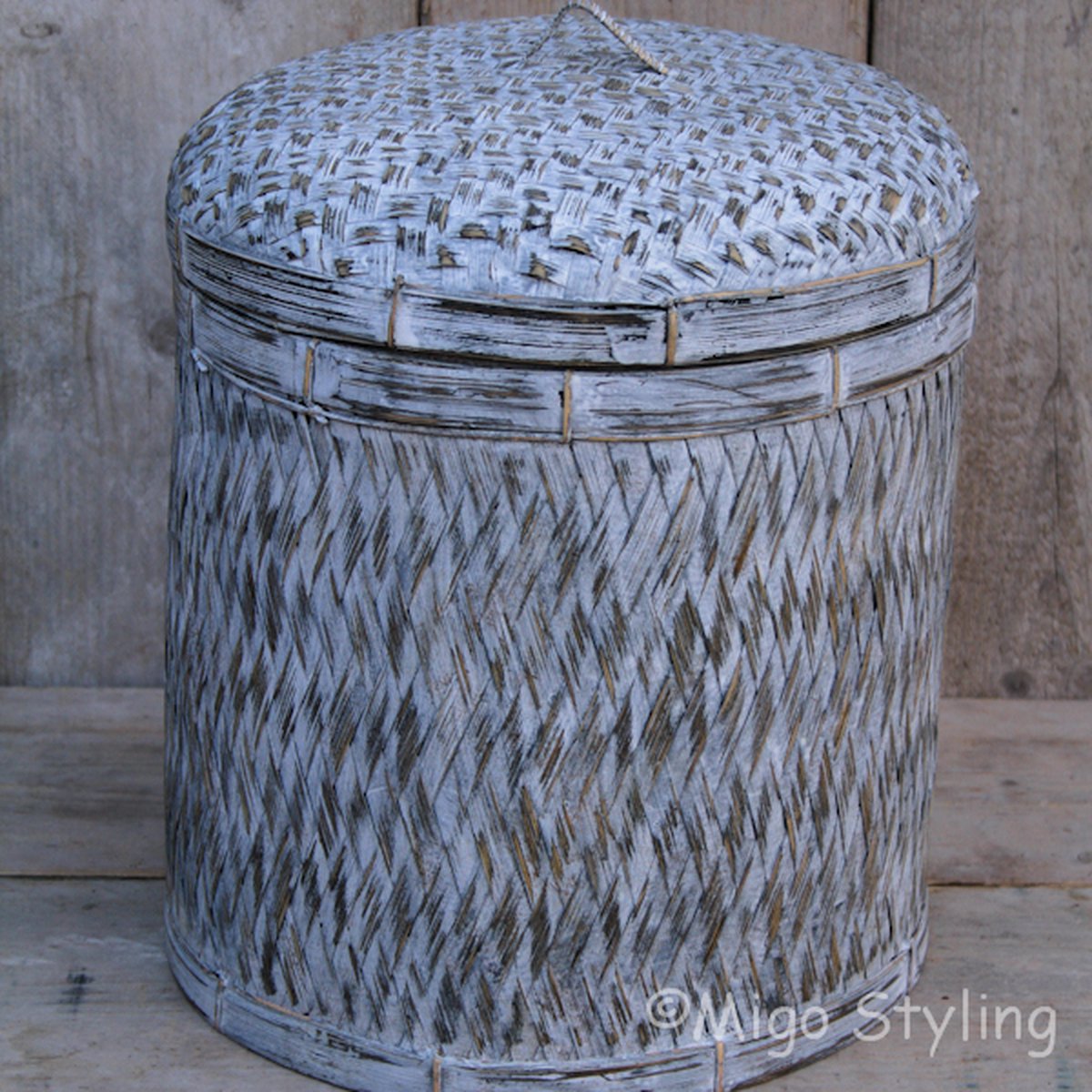 MigoStyling - Bamboe - Sfeermand - Opbergmand - Met Deksel - Rond - Grey - Dia 34 cm