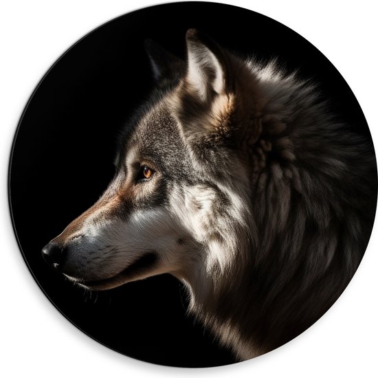 Dibond Muurcirkel - Zijaanzicht van Kop van Wolf tegen Zwarte Achtergrond - 30x30 cm Foto op Aluminium Muurcirkel (met ophangsysteem)