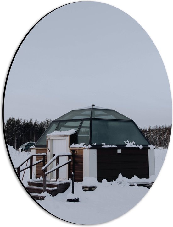 Dibond Ovaal - Huisje - Sneeuw - Rond - Bomen - Bossen - 30x40 cm Foto op Ovaal (Met Ophangsysteem)