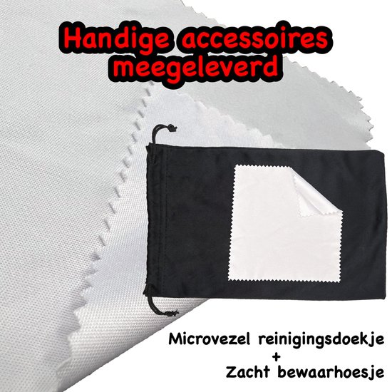 Zwarte brillenkoker en microvezel reinigingsdoekje met schuine strepen.