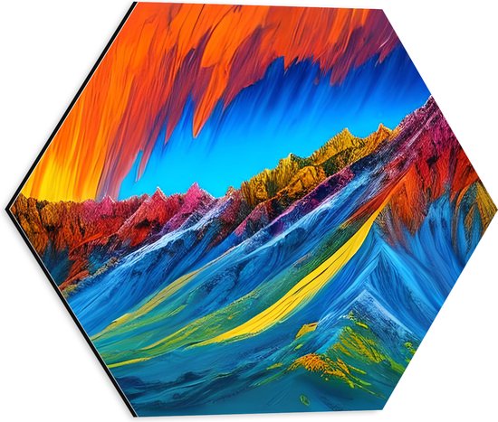 Dibond Hexagon - Waterverftekening van Bergen in Regenboogkleuren - 40x34.8 cm Foto op Hexagon (Met Ophangsysteem)