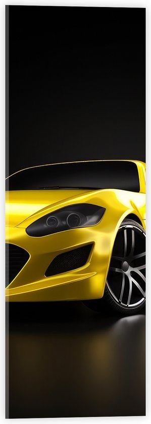 Acrylglas - Vooraanzicht van Gele Auto tegen Zwarte Achtergrond - 20x60 cm Foto op Acrylglas (Met Ophangsysteem)