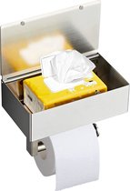 Linnea Toiletpapierhouder met vochtige doekjesbox, zilverkleurig, houder met legplank, zonder boren om te plakken, toiletpapier, vochtige doekjes, opbergdoos, roestvrijstalen houder, wc-papierhouder