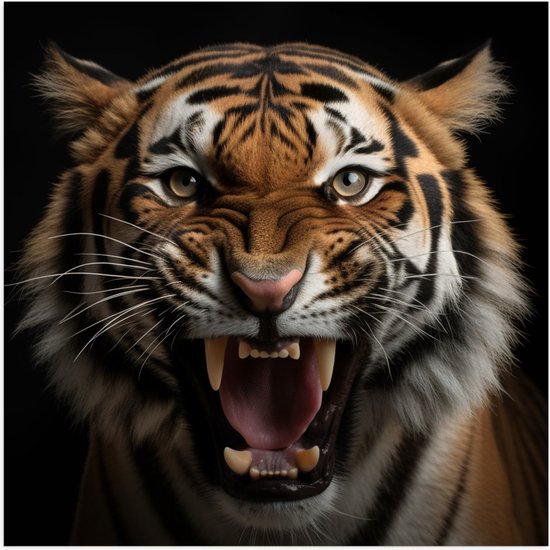 Poster (Mat) - Portret van Leeuw met Scherpte Tanden tegen Zwarte Achtergrond - 80x80 cm Foto op Posterpapier met een Matte look
