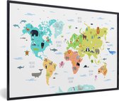 Affiche avec cadre Wereldkaart - Animaux - Enfants - 90x60 cm