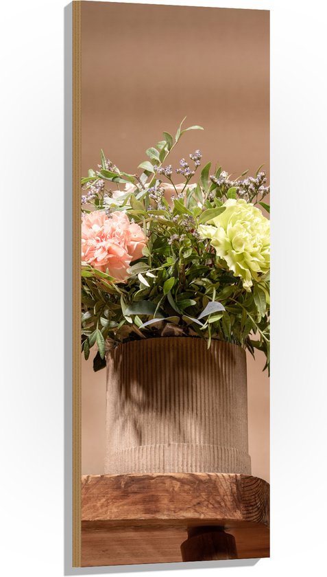 Hout - Kleurrijk Boeket Bloemen in Gestreepte Vaas - 40x120 cm - 9 mm dik - Foto op Hout (Met Ophangsysteem)