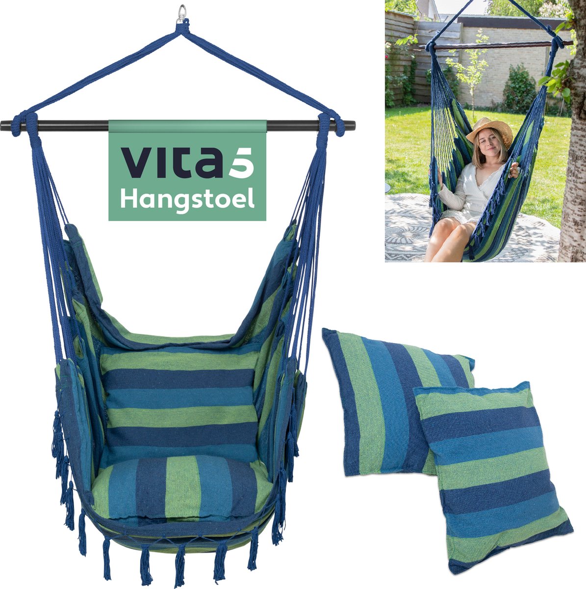 Bol.com Vita5 XXL Hangstoel | Binnen&Buiten Hangnest | Incl. 2 Kussens en Boekenvak | Volwassenen&Kinderen | Hangmatstoel tot 20... aanbieding