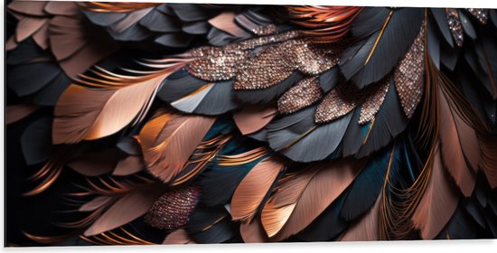 Dibond - Close-up van Zwarte en Rosé Gouden Veren - 100x50 cm Foto op Aluminium (Met Ophangsysteem)