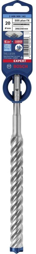 Verpakte Bosch EXPERT SDS plus-7X hamerboor, 20 x 200/250 mm, met blauwe kop.