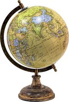 HAES DECO - Decoratieve Wereldbol met bruin houten voet - formaat 22x37cm - kleuren Groen / Geel / Oranje - Vintage Wereldbol, Globe, Aarbol