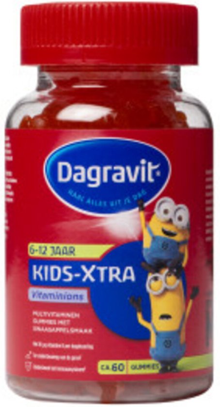 Fles Dagravit Kids-Xtra multivitamine gummies, 6-12 jaar, sinaasappelsmaak, met Minions afbeeldingen.