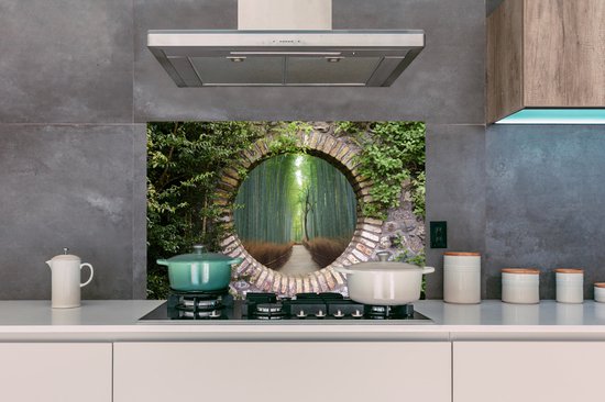 Spatscherm keuken 100x65 cm - Kookplaat achterwand Bamboe - Bos - Japans - Doorkijk - Muurbeschermer - Spatwand fornuis - Hoogwaardig aluminium