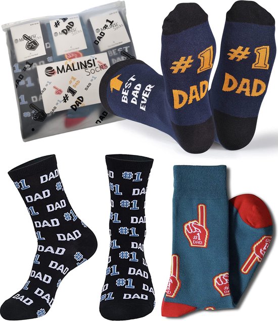 Malinsi Grappige Sokken Heren voor Nr1 Vader - 3-Pack Sokken plus Kaart - Dad Huissokken Maat One-size t/m 46 - Vaderdag Cadeautje - Cadeau Mannen - Verjaardag