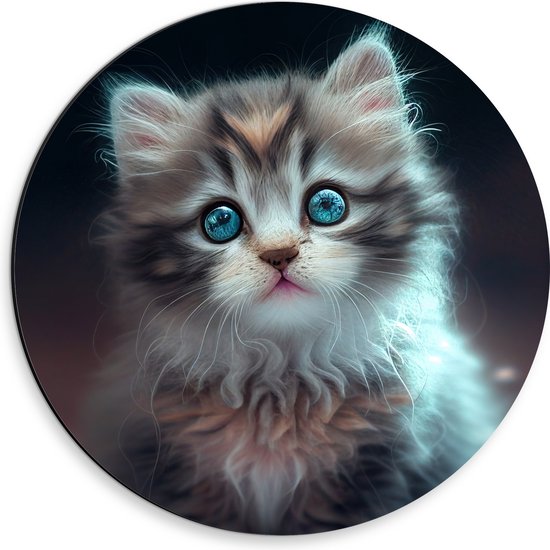 Dibond Muurcirkel - Aandoenlijke Kitten met Helder Blauwe Magische Ogen - 30x30 cm Foto op Aluminium Muurcirkel (met ophangsysteem)