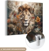 MuchoWow® Glasschilderij 120x90 cm - Schilderij acrylglas - Leeuw - Wilde dieren - Planten - Natuur - Bloemen - Foto op glas - Schilderijen