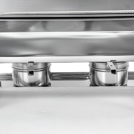 Chafing Dish Set RVS Voedselwarmer met Pannen van Volledig Fornuis (8,5 L), Rechthoekige Warmtedispenser met Roldeksel, Waterpanstandaard en Brandstofhouder, voor Buffet Zilver | NL