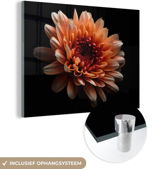 MuchoWow® Glasschilderij 40x30 cm - Schilderij acrylglas - Bloemen - Oranje - Natuur - Chrysant - Zwart - Foto op glas - Schilderijen