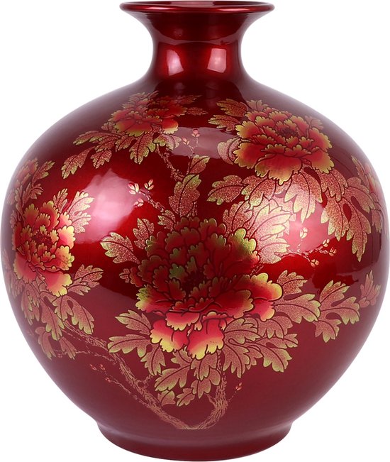 Fine Asianliving Chinese Vaas Porselein Rood Goud Pioenen Handgemaakt - Aurore D25xH30cm