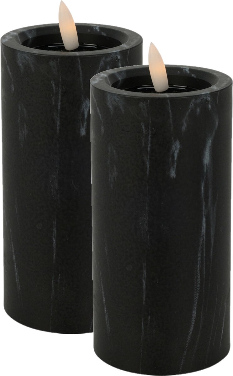 Excellent Houseware LED kaars - 2x -zwart marmer - D7,5 x H15 cm -met timer