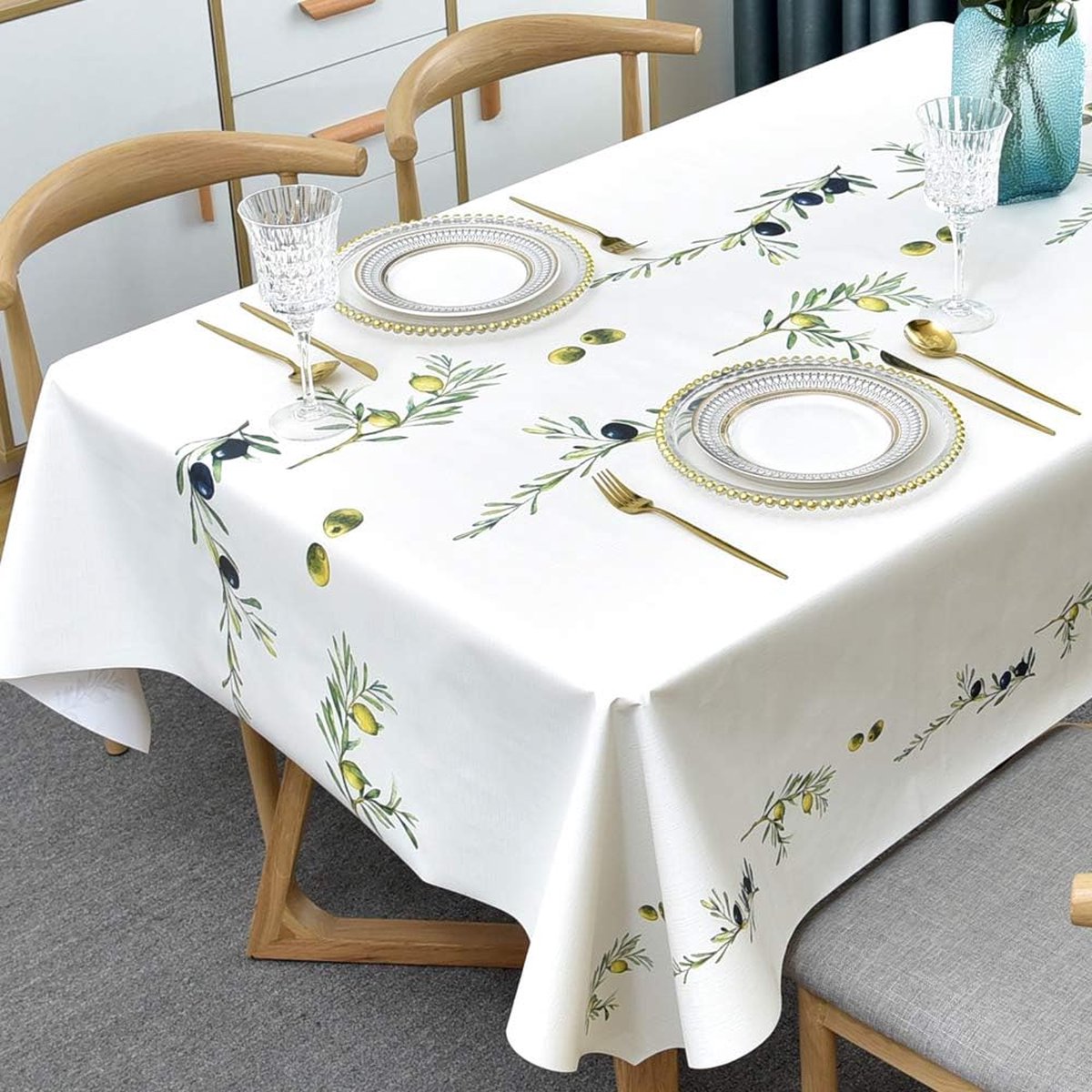 PVC-tafelkleed, rechthoekig, voor keuken, eettafel, kunststof, reinigingsdoekjes, voor binnen en buiten, 137 x 275 cm, olijf