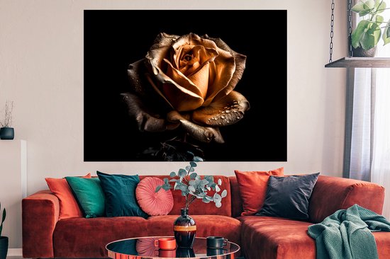 Poster Roos - Goud - Bloemen - Botanisch Zwart - 160x120 cm XXL