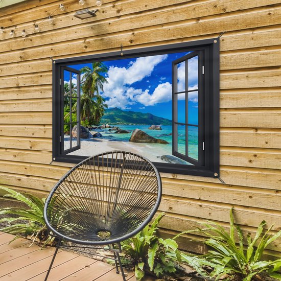 Tuinposters - Tuindecoratie - Doorkijk - Strand - Tropisch - Zomer - 120x80 cm - Tuin decoratie - Schutting decoratie - Tuinposter - Schuttingdoek - Buitenposter - Tuinversiering - Balkon decoratie - Tuinschilderij