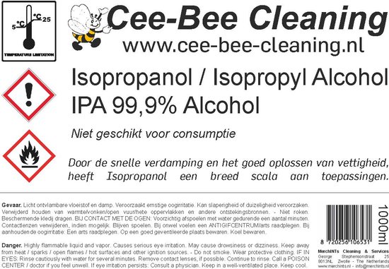 Cee-Bee Isopropanol | Isopropyl | IPA 99.9% Alcohol | 1000 ml